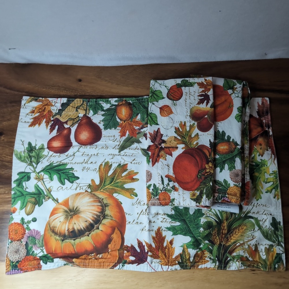 Michel Design Works Fall Harvest Pumpkin Cotton Placemat Napkins Set 3 Botanical